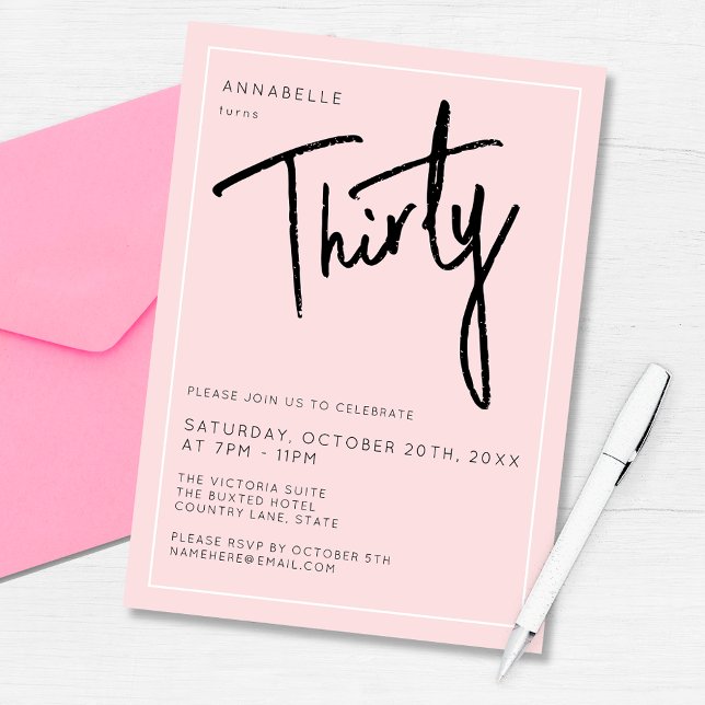 Convite Festa de aniversário moderna dos 30 anos trigésimo (Modern blush pink 30th birthday party invitation. Perfect for any thirty / thirtieth birthday party)