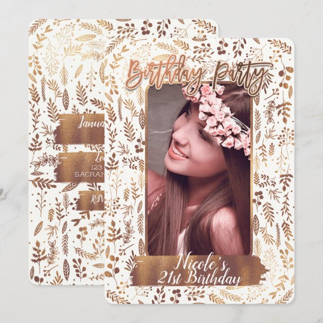 Convite Festa de Aniversário Moderna em Bronze Cobre Doura (Frente/Verso)