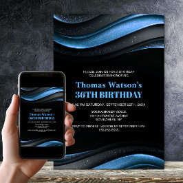 Convite Festa de Aniversário Moderna Preta e Azul para Qua