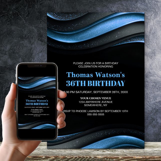 Convite Festa de Aniversário Moderna Preta e Azul para Qua (Criador carregado)