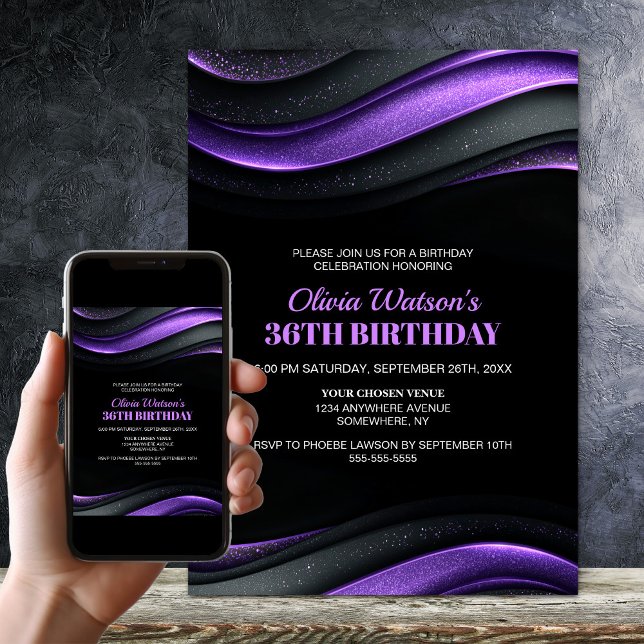Convite Festa de Aniversário Moderna Preta e Roxa para Qua (Criador carregado)