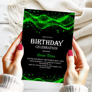 Convite Festa de Aniversário Moderna Preta e Verde para Qu