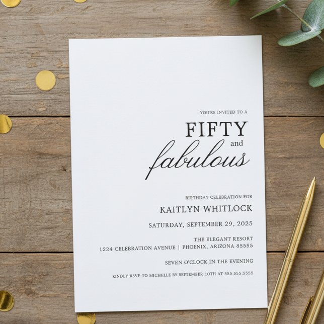 Convite Festa de Aniversário Moderno Simples Preto 50 e Fa (modern elegant typography fifty and fabulous 50th birthday party invitation simple)