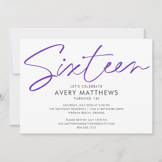 Convite Festa de aniversário Moderno Sweet 16 de Script Ro (Frente)