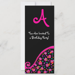 Convite FESTA DE ANIVERSÁRIO MONOGRAMA DECO, fúcsia preto