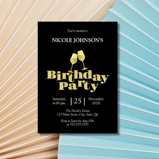 Convite Festa de aniversário na moda Dourada de champanhe  (Criador carregado)