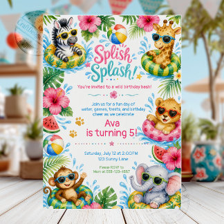 Convite Festa de Aniversário na Piscina com Animais da Sel