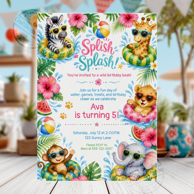 Convite Festa de Aniversário na Piscina com Animais da Sel (Criador carregado)