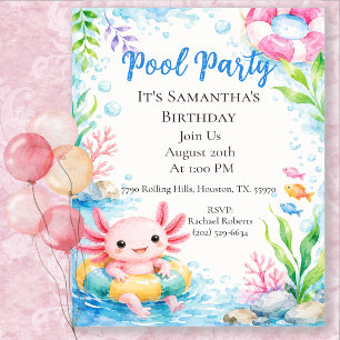 Convite Festa de Aniversário na Piscina com Axolote Adoráv