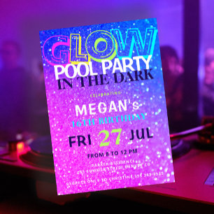 Convite Festa de aniversário na piscina com brilho neon no