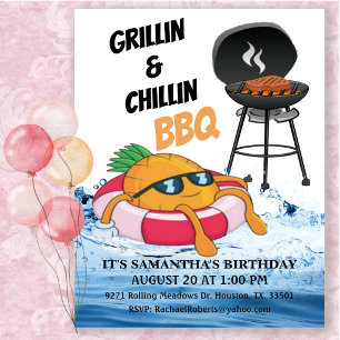 Convite Festa de Aniversário na Piscina com Churrasco e Re