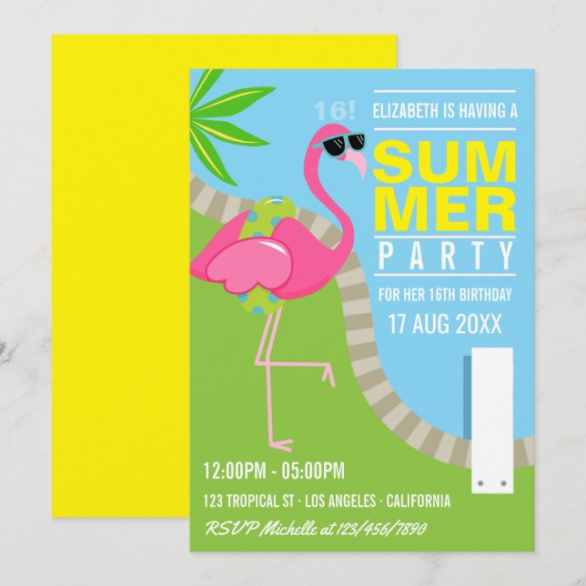Convite Festa de Aniversário na Piscina com Flamingo Rosa  (Frente/Verso)