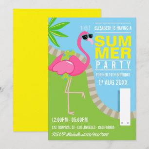 Convite Festa de Aniversário na Piscina com Flamingo Rosa