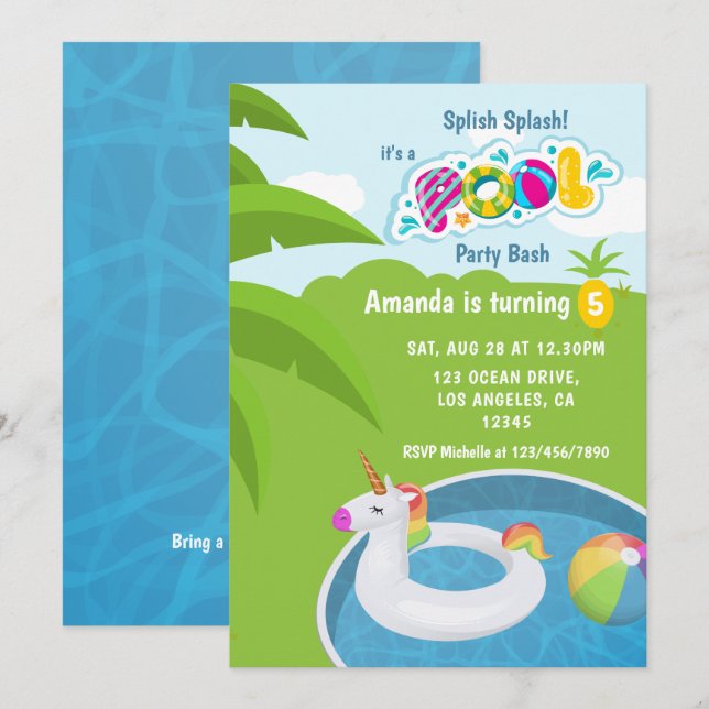 Convite Festa de Aniversário na Piscina com Flutuador de U (Frente/Verso)