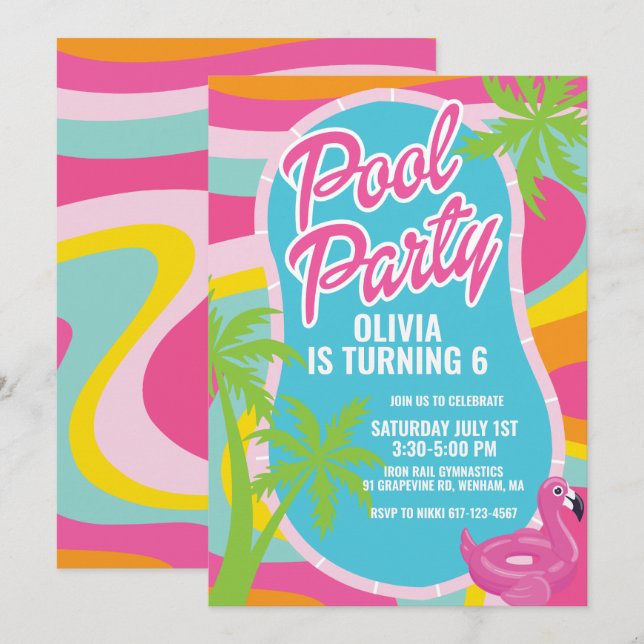 Convite festa de aniversário na piscina com redemoinho de  (Frente/Verso)