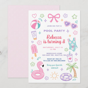 Convite Festa de Aniversário na Piscina Doodle Menina Rosa