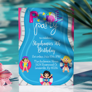 Convite Festa de Aniversário na Piscina Rosa Meninas Verão