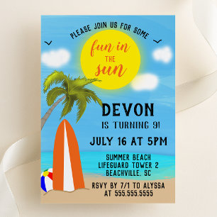 Convite Festa de Aniversário na Praia Divertida ao Sol