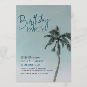 Convite Festa de Aniversário na Praia Tropical com Palmeir