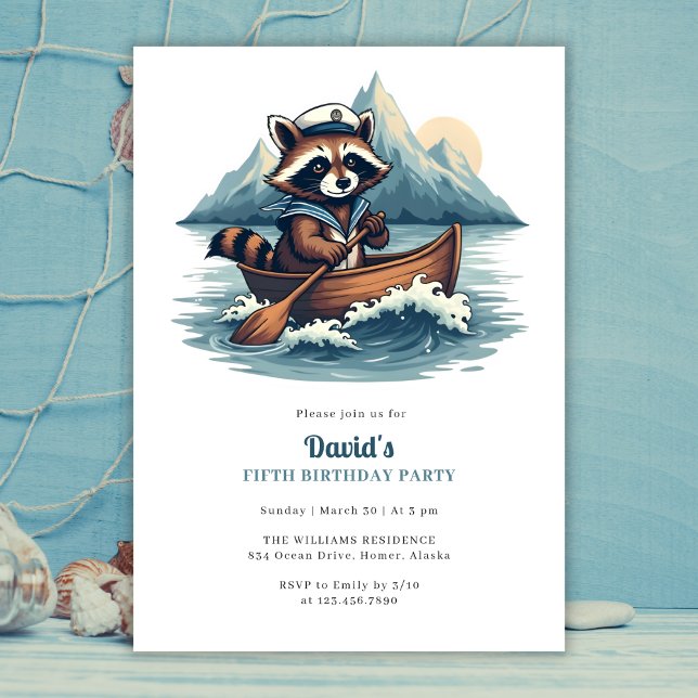 Convite Festa de aniversário Náutica Náutica Da Corrida De (Blue Nautical Cute Fishing Raccoon Birthday Party Invitation)