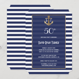 Convite Festa de Aniversário Naval Azul Marinho com Listra