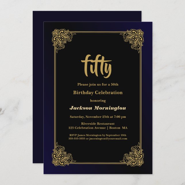 Convite Festa de aniversário negra e Dourada (Frente/Verso)