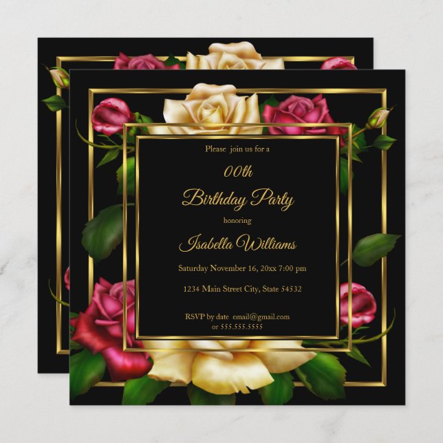 Convite Festa de aniversário negro Dourado floral Rosa (Frente/Verso)