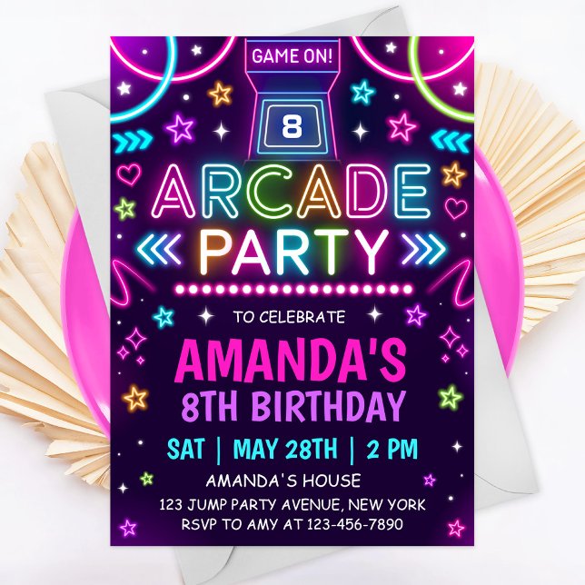 Convite Festa de Aniversário Neon Glow Arcade (Criador carregado)