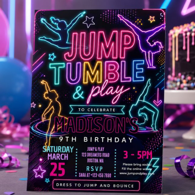 Convite Festa de Aniversário Neon Jump & Tumble (Criador carregado)