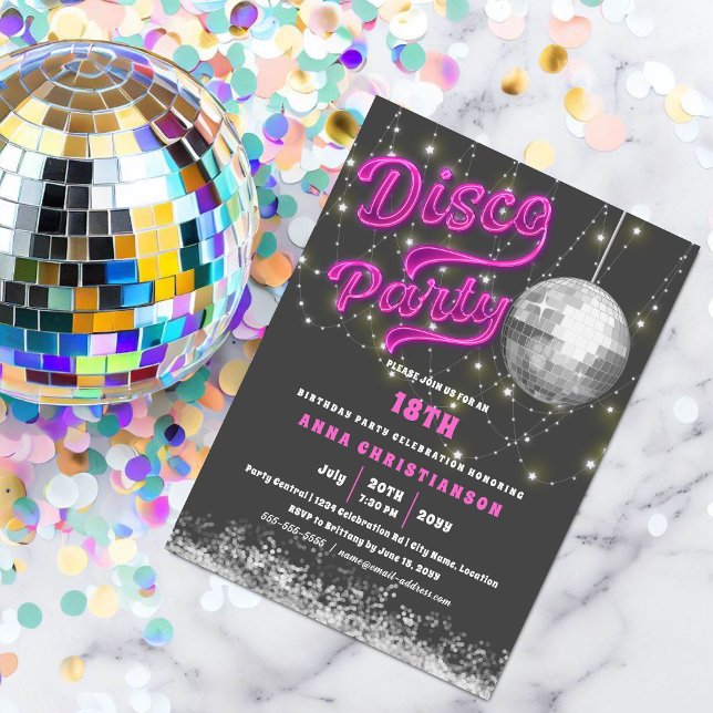 Convite Festa de aniversário Neon Pink Disco (Pink neon disco party invitation with string lights and a silver disco ball.  )