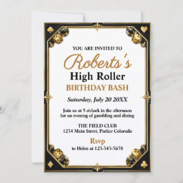 Convite Festa de Aniversário no Cassino preto e dourado No