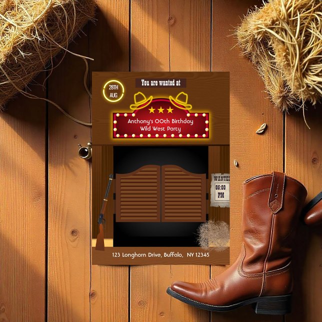 Convite Festa de Aniversário no Salão do Oeste Selvagem Fo (Wild West Saloon Birthday Party Photo Invitation)