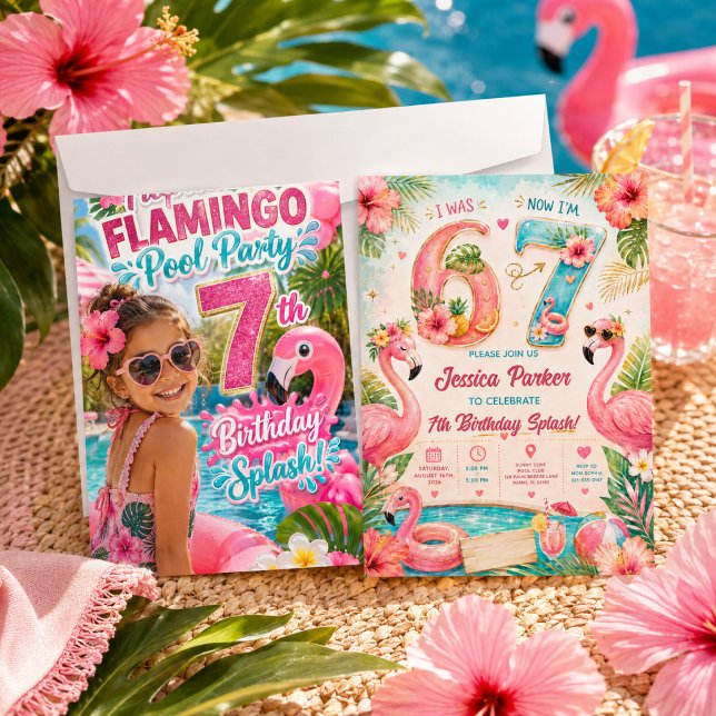 Convite Festa de Aniversário no Tropical Flamingo Pool 7º  (Tropical Flamingo Pool Party 7th Birthday Splash Invitation
)