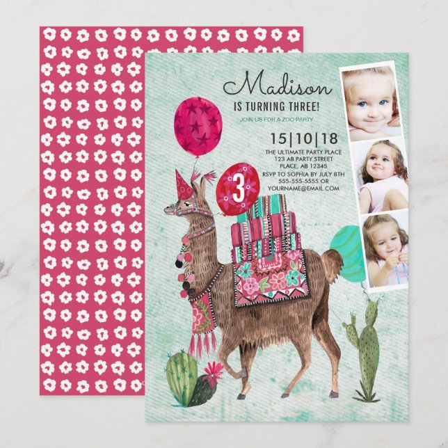 Convite Festa de Aniversário no Zoológico | Llama | Convit (Frente/Verso)