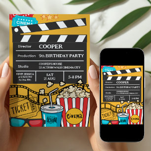 Convite Festa de Aniversário Noite de Filme Amarelo Para M