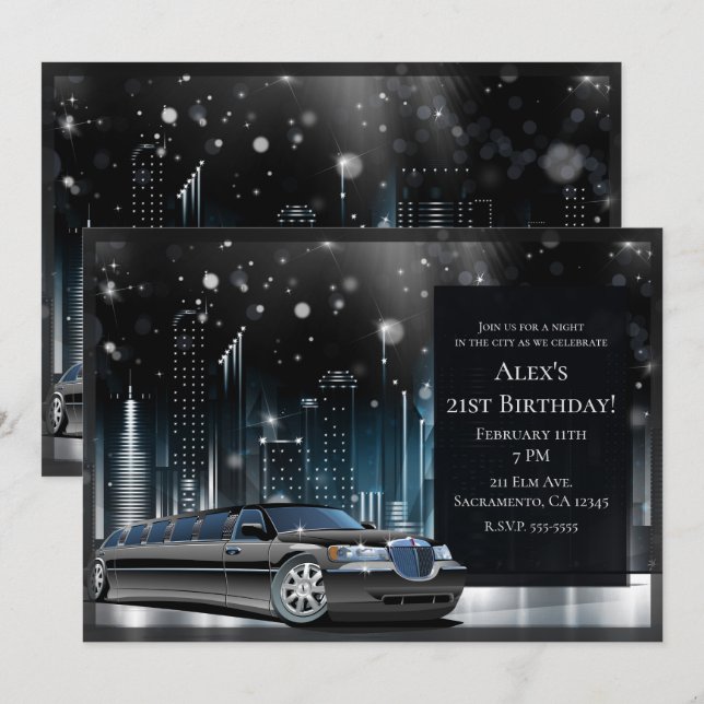 Convite Festa de Aniversário Noturna de Limusine Azul e Pr (Frente/Verso)