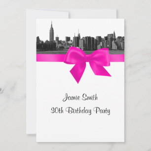 Convite Festa de Aniversário NYC Skyline Etched BW Rosa Qu