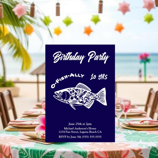 Convite Festa de aniversário-O-Peixe aliado Peixe Havaí (Aloha Trout Fisherman Trend Hawaiian Fish Beach Summer pool birthday party invitations blue)