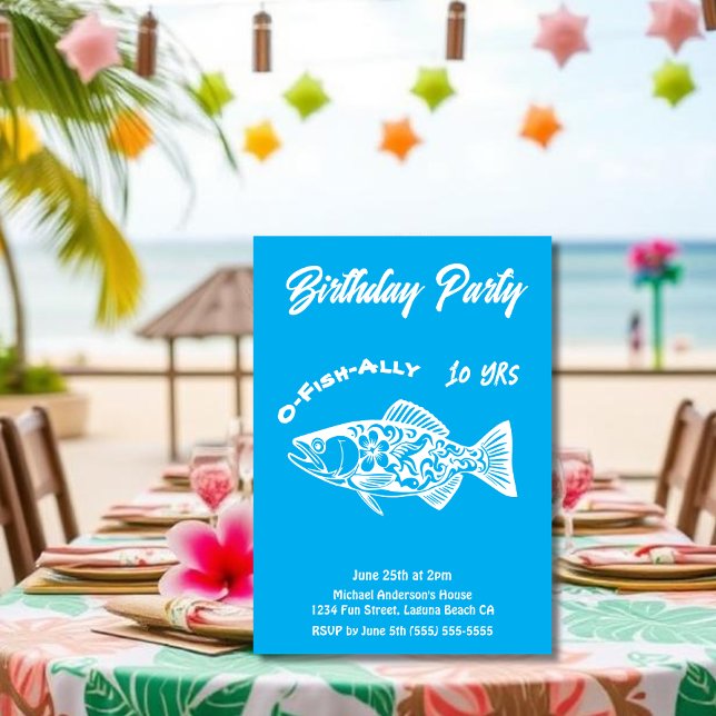 Convite Festa de aniversário-O-Peixe aliado Peixe Havaí (Aloha Trout Fisherman Trend Hawaiian Fish Beach Summer Pool Birthday Party invitation light blue)