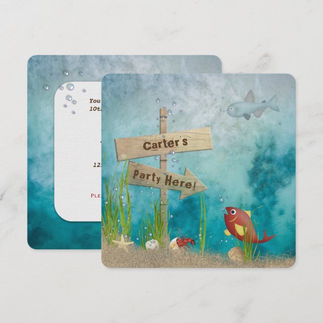 Convite Festa de aniversário oceânica (Frente/Verso)