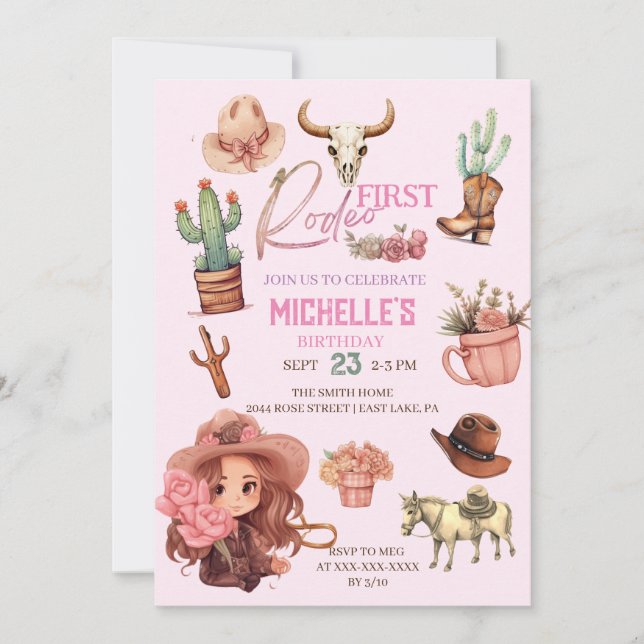 Convite Festa de aniversário Ocidental de Garota Rodeada R (Frente)