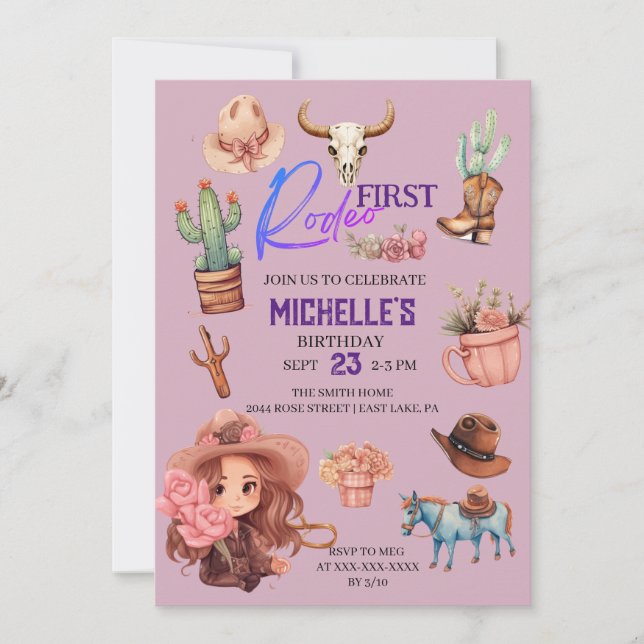 Convite Festa de aniversário Ocidental de Garota Rodeada R (Frente)