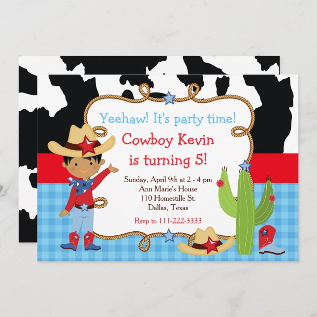 Convite Festa de aniversário Ocidental do cowboy Afro-Amer (Frente/Verso)