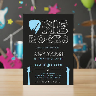 Convite Festa de Aniversário One Rocks Guitar Pick Azul 1º