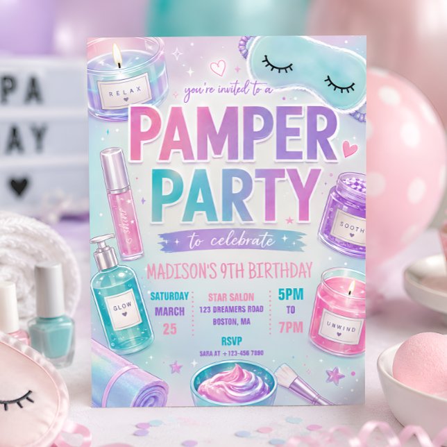 Convite Festa de Aniversário Pastel Spa Pamper (Criador carregado)