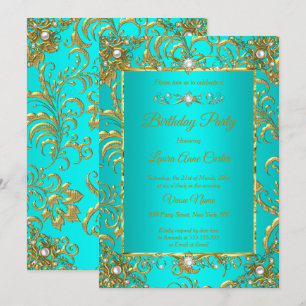 Convite Festa de Aniversário Pérola Azul Teal Dourado Dama