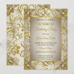 Convite Festa de Aniversário Pérola Creme Damasco Gold Eli