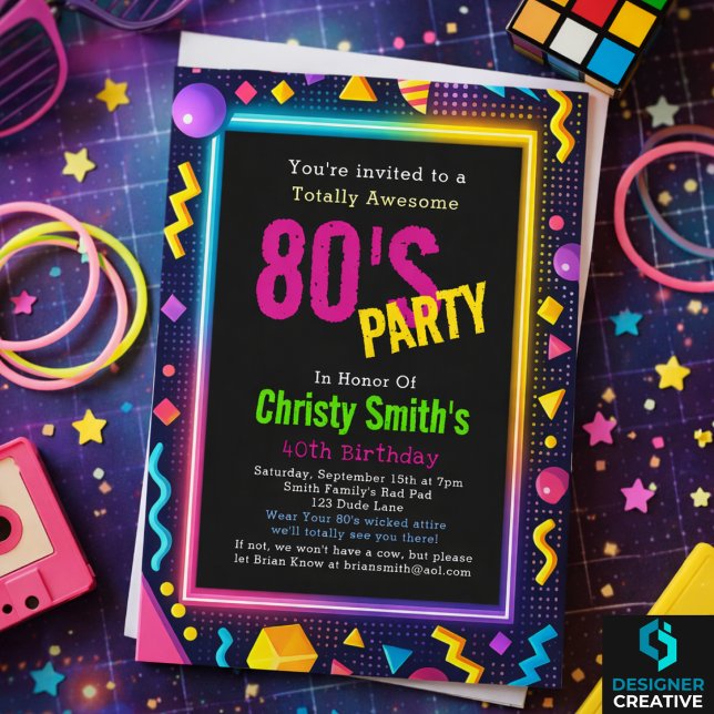 Convite Festa de Aniversário Personalizada com Neon Retro  (Custom Retro Neon 80's Birthday Party Invitation
)