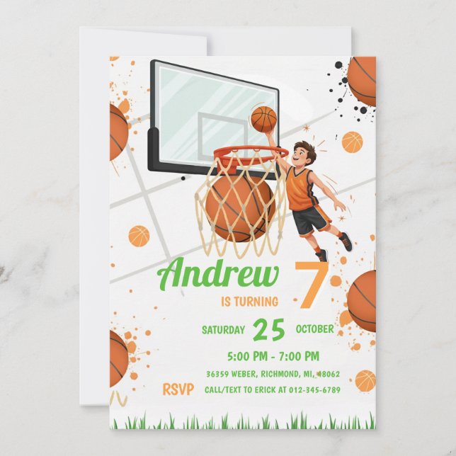 Convite Festa de aniversário personalizada de basquete (Frente)