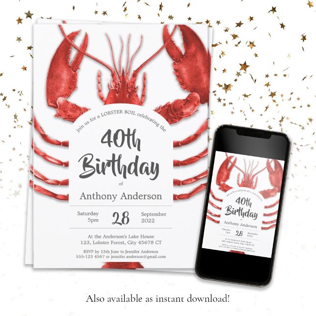 Convite Festa de aniversário Personalizada de Lagosta Bran (Red White Lobster Boil Custom Birthday Party Invitation)